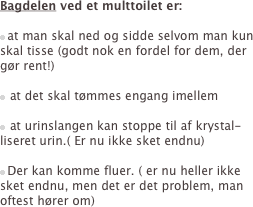
Bagdelen ved et multtoilet er:

n at man skal ned og sidde selvom man kun                                    skal tisse (godt nok en fordel for dem, der gør rent!)

n  at det skal tømmes engang imellem

n  at urinslangen kan stoppe til af krystal-  liseret urin.( Er nu ikke sket endnu)

n Der kan komme fluer. ( er nu heller ikke sket endnu, men det er det problem, man oftest hører om)

